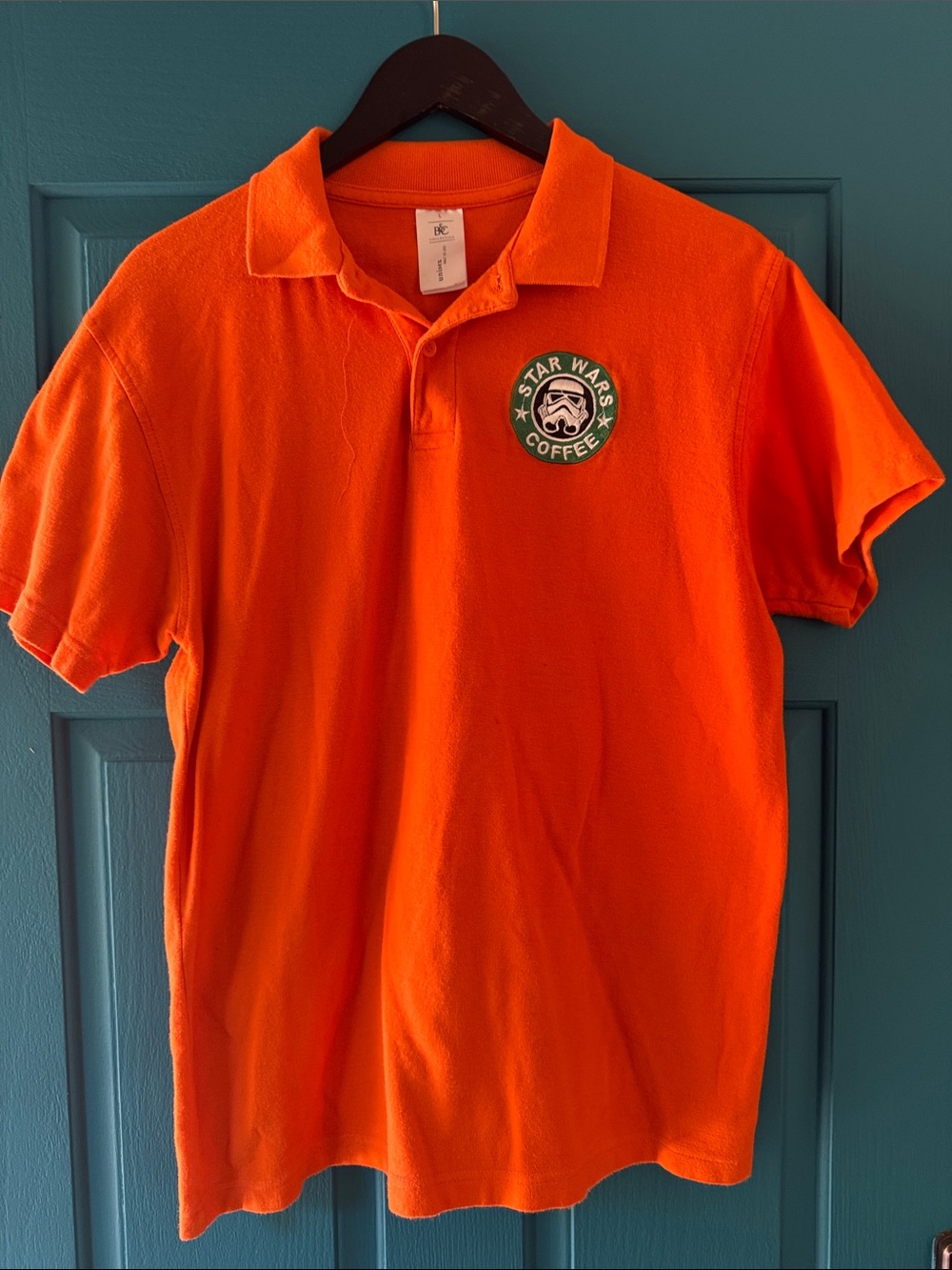 Star Wars Orange Polo with Green Stormtrooper Coffee Patch